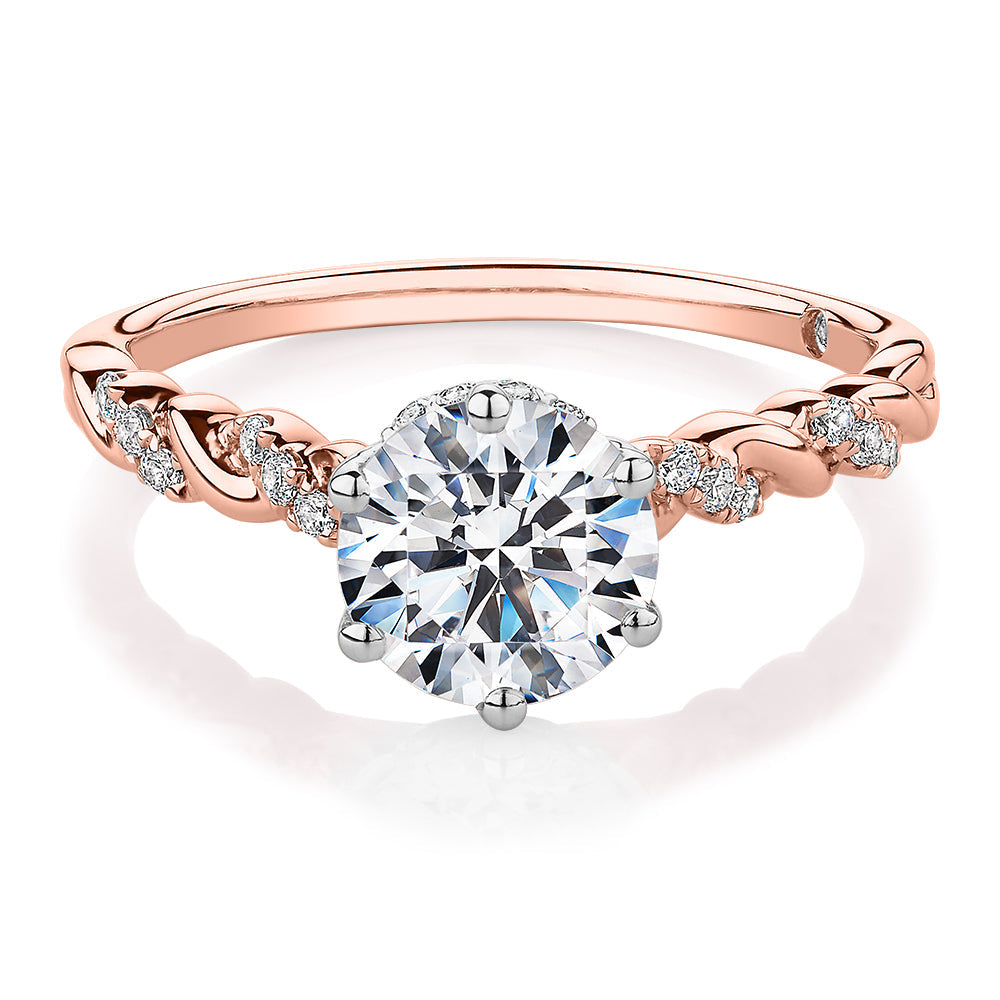 Signature Simulant Diamond 1.70 carat* TW round brilliant shouldered solitaire engagement ring in 10 carat rose and white gold
