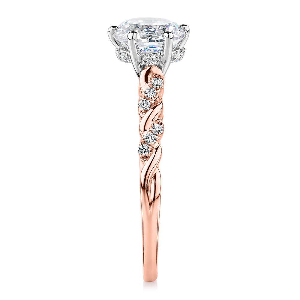 Signature Simulant Diamond 1.70 carat* TW round brilliant shouldered solitaire engagement ring in 10 carat rose and white gold