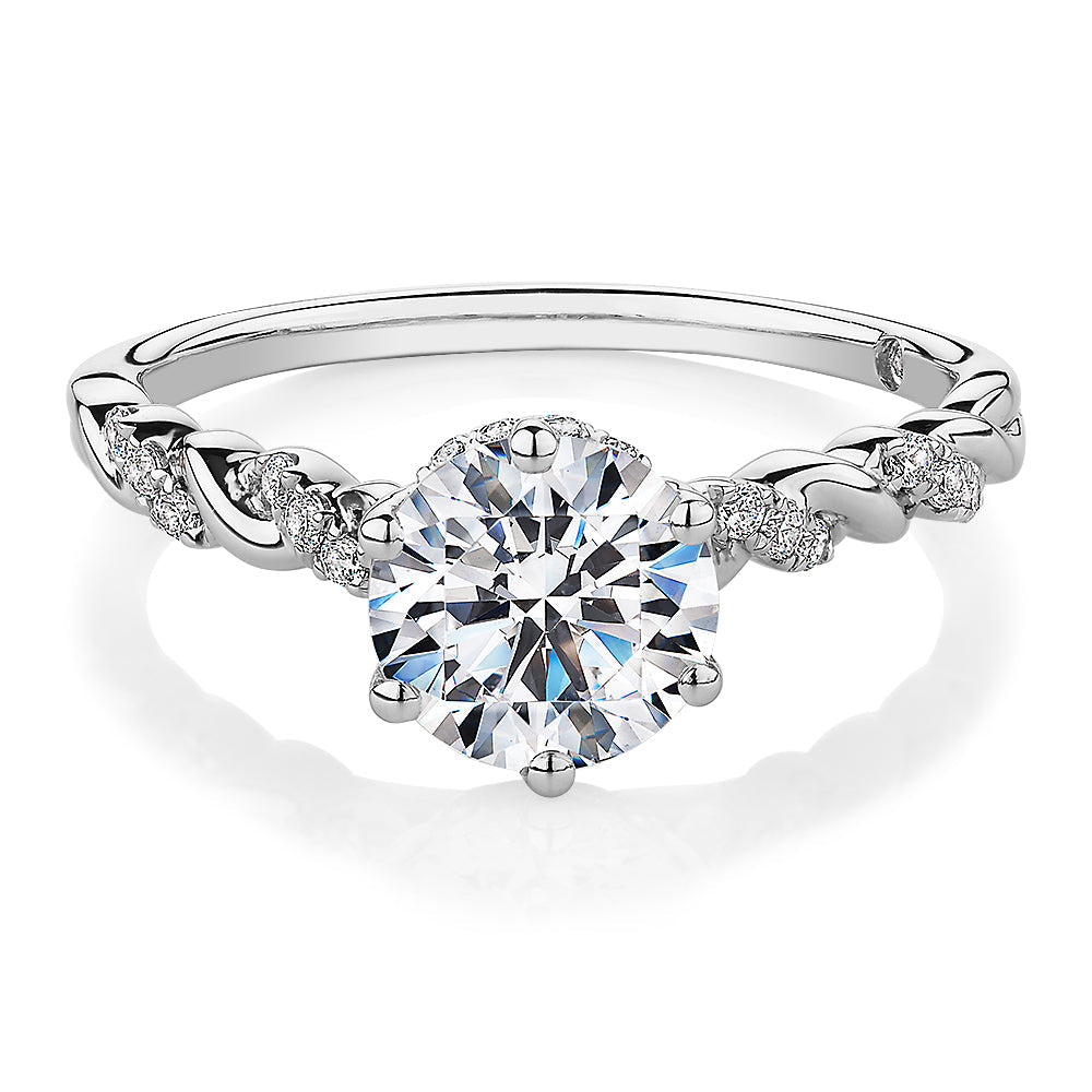 Signature Simulant Diamond 1.70 carat* TW round brilliant shouldered solitaire engagement ring in 10 carat rose and white gold