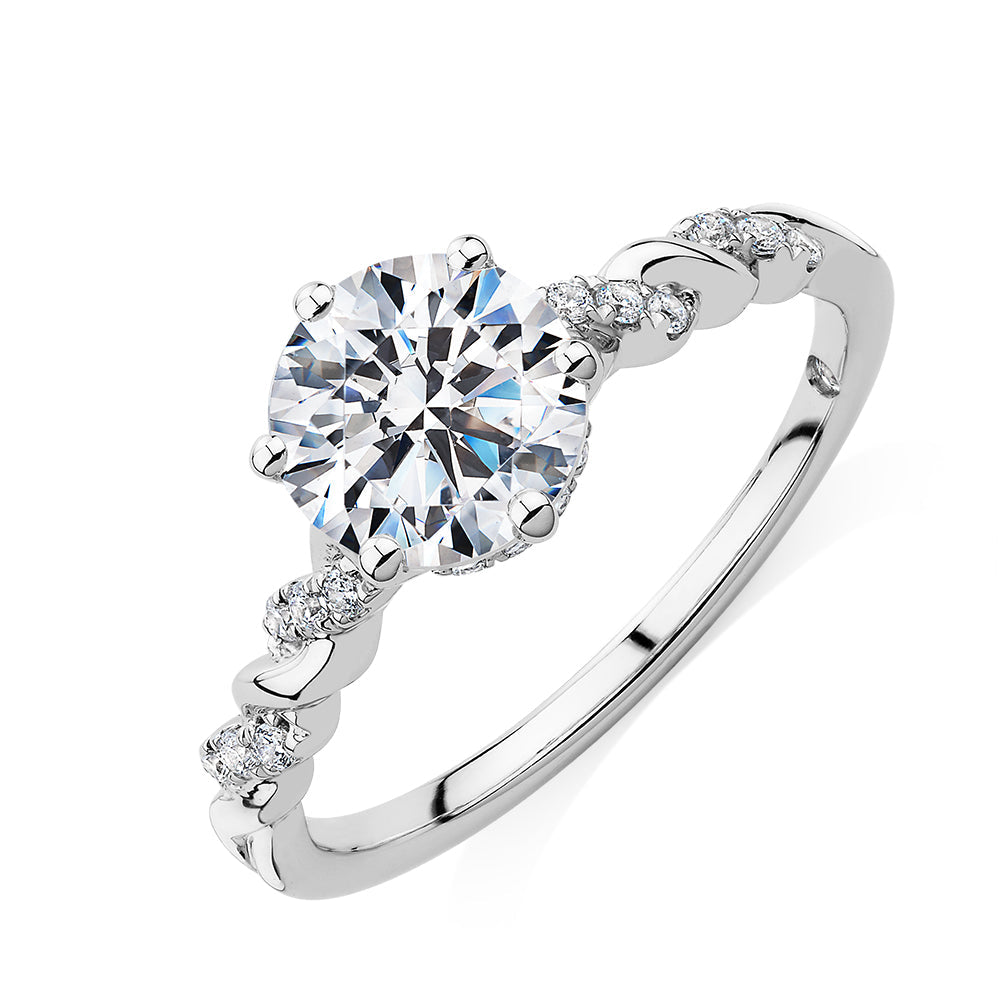 Signature Simulant Diamond 1.70 carat* TW round brilliant shouldered solitaire engagement ring in 10 carat rose and white gold