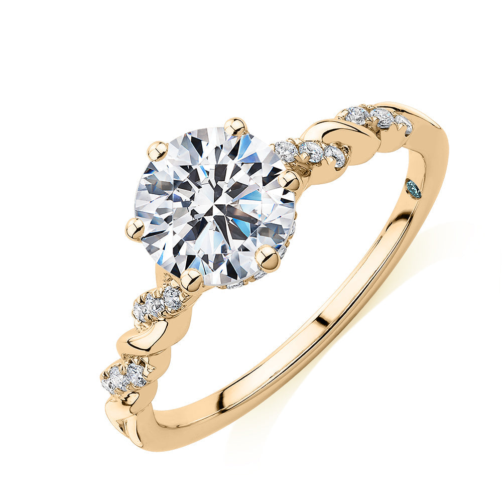 Premium Certified Lab-Grown Diamond, 1.70 carat TW round brilliant shouldered engagement ring in 14 carat yellow gold