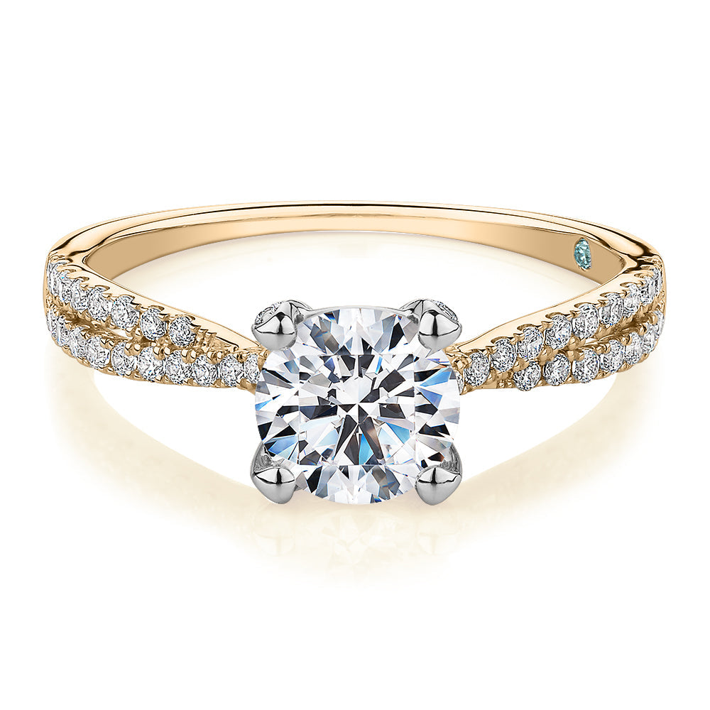 Premium Certified Lab-Grown Diamond, 1.40 carat TW round brilliant shouldered engagement ring in 14 carat yellow and white gold