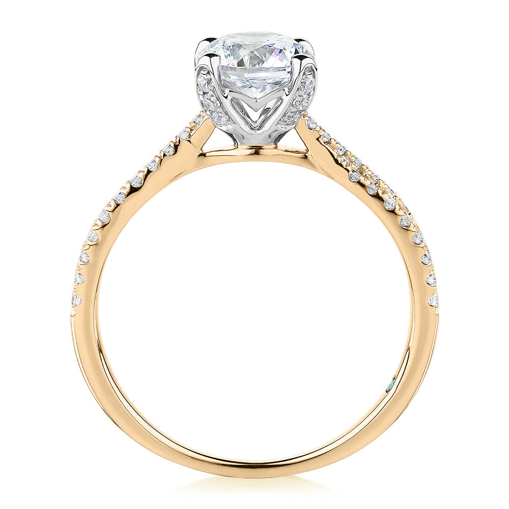 Premium Certified Lab-Grown Diamond, 1.40 carat TW round brilliant shouldered engagement ring in 14 carat yellow and white gold