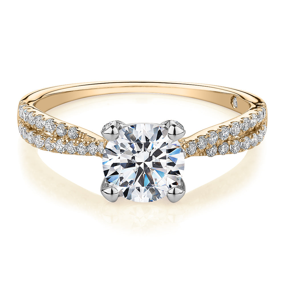 Signature Simulant Diamond 1.40 carat* TW round brilliant shouldered solitaire engagement ring in 10 carat rose and white gold