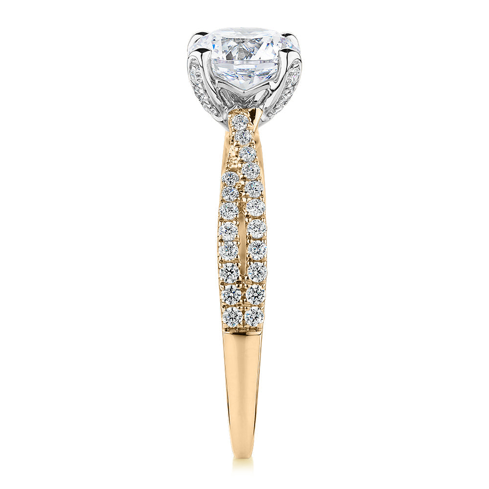 Signature Simulant Diamond 1.40 carat* TW round brilliant shouldered solitaire engagement ring in 10 carat rose and white gold