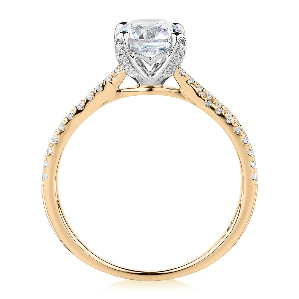 Signature Simulant Diamond 1.40 carat* TW round brilliant shouldered solitaire engagement ring in 10 carat rose and white gold