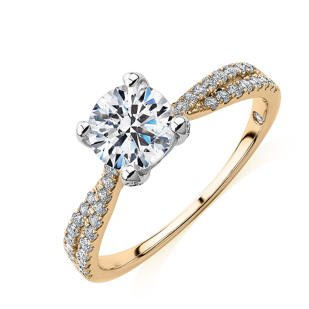 Signature Simulant Diamond 1.40 carat* TW round brilliant shouldered solitaire engagement ring in 10 carat rose and white gold