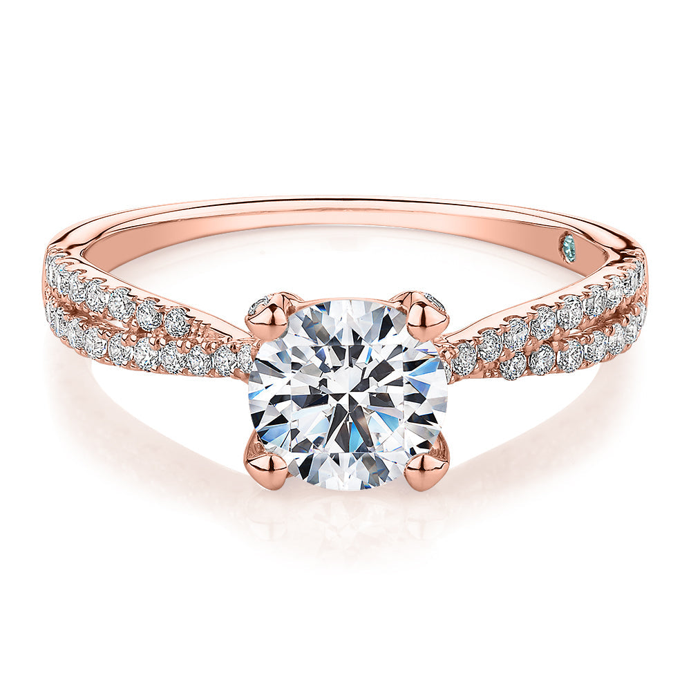 Premium Certified Lab-Grown Diamond, 1.40 carat TW round brilliant shouldered engagement ring in 14 carat rose gold