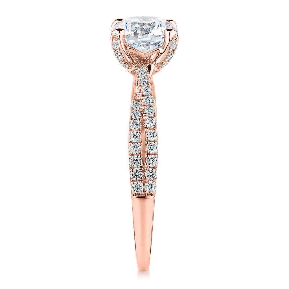 Premium Certified Lab-Grown Diamond, 1.40 carat TW round brilliant shouldered engagement ring in 14 carat rose gold