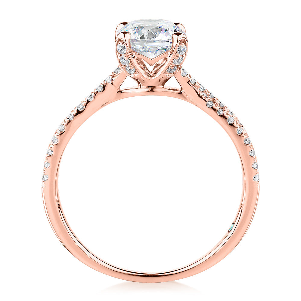 Premium Certified Lab-Grown Diamond, 1.40 carat TW round brilliant shouldered engagement ring in 14 carat rose gold
