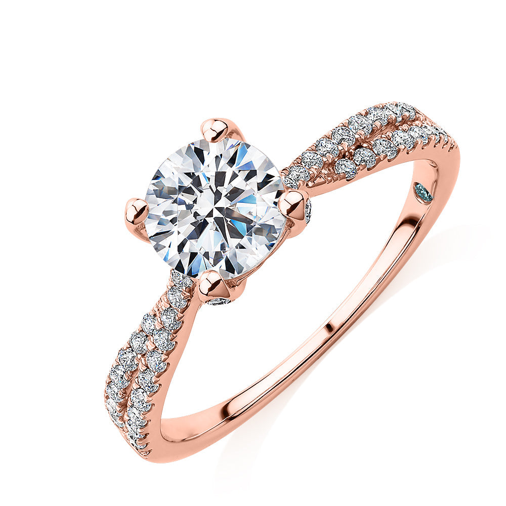 Premium Certified Lab-Grown Diamond, 1.40 carat TW round brilliant shouldered engagement ring in 14 carat rose gold