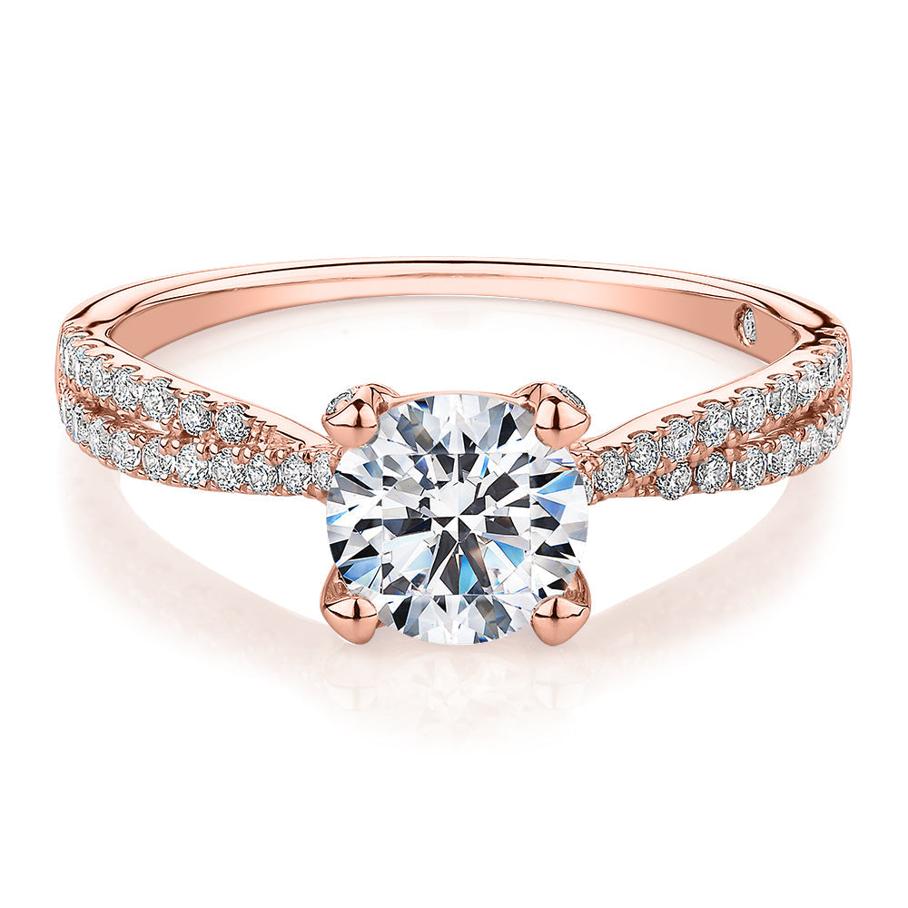 Signature Simulant Diamond 1.40 carat* TW round brilliant shouldered solitaire engagement ring in 10 carat rose and white gold