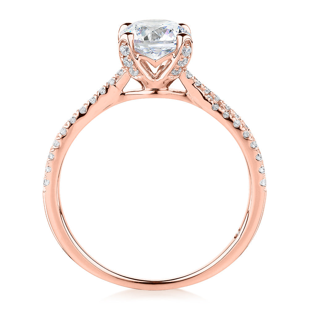 Signature Simulant Diamond 1.40 carat* TW round brilliant shouldered solitaire engagement ring in 10 carat rose and white gold
