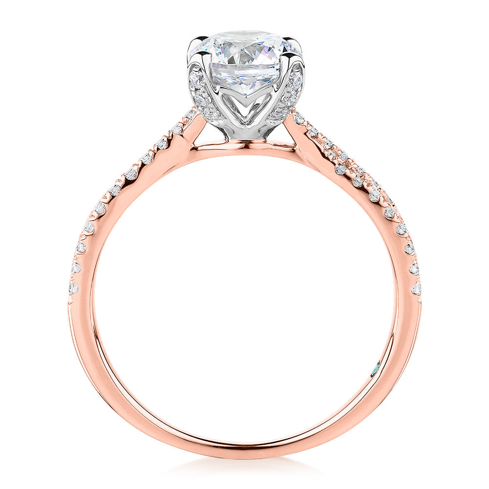 Premium Certified Lab-Grown Diamond, 1.40 carat TW round brilliant shouldered engagement ring in 14 carat rose and white gold