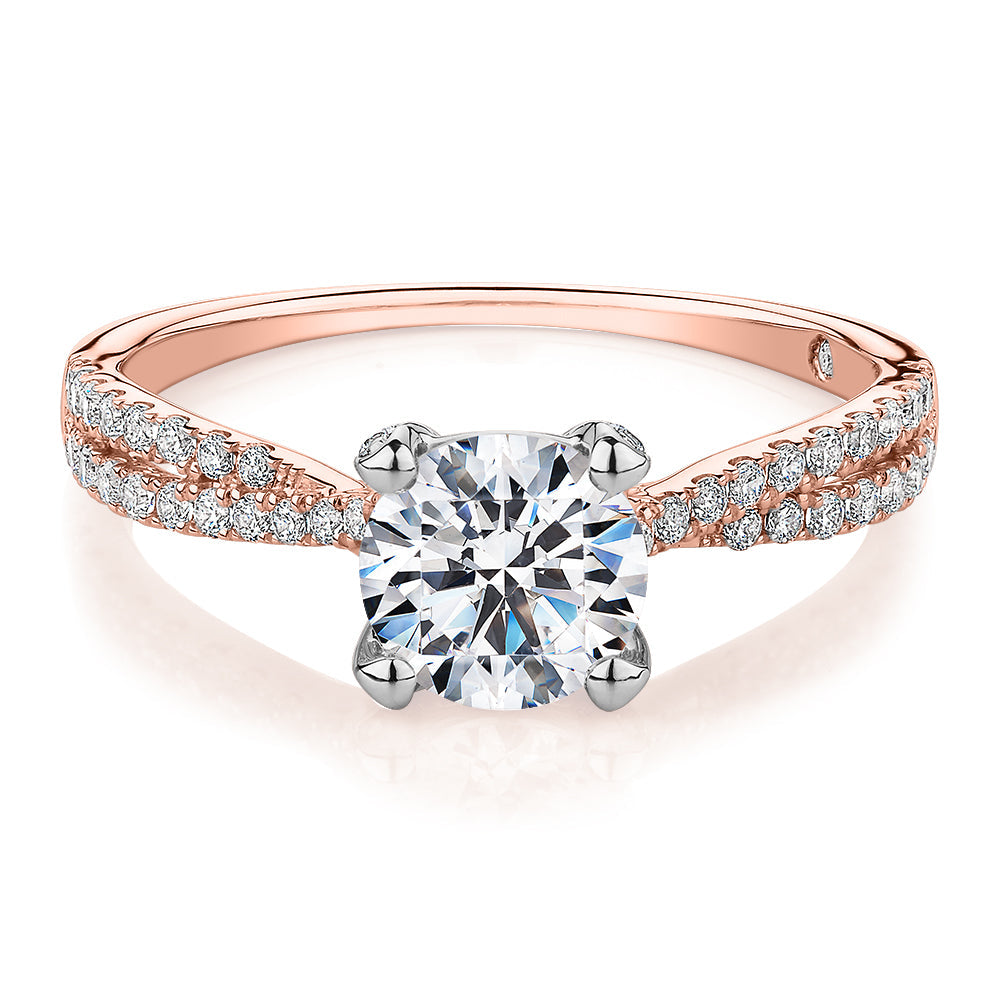 Signature Simulant Diamond 1.40 carat* TW round brilliant shouldered solitaire engagement ring in 10 carat rose and white gold
