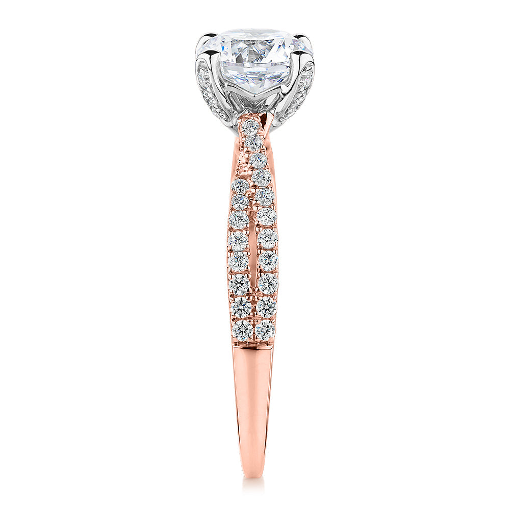 Signature Simulant Diamond 1.40 carat* TW round brilliant shouldered solitaire engagement ring in 10 carat rose and white gold
