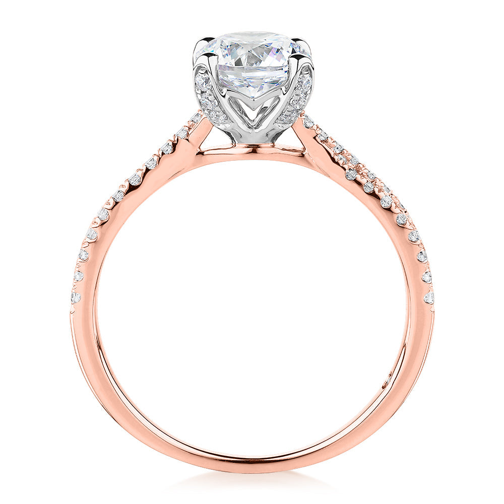 Signature Simulant Diamond 1.40 carat* TW round brilliant shouldered solitaire engagement ring in 10 carat rose and white gold