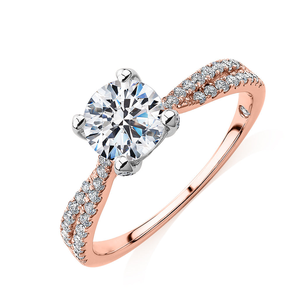 Signature Simulant Diamond 1.40 carat* TW round brilliant shouldered solitaire engagement ring in 10 carat rose and white gold