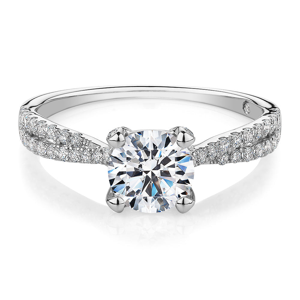 Signature Simulant Diamond 1.40 carat* TW round brilliant shouldered solitaire engagement ring in 10 carat rose and white gold