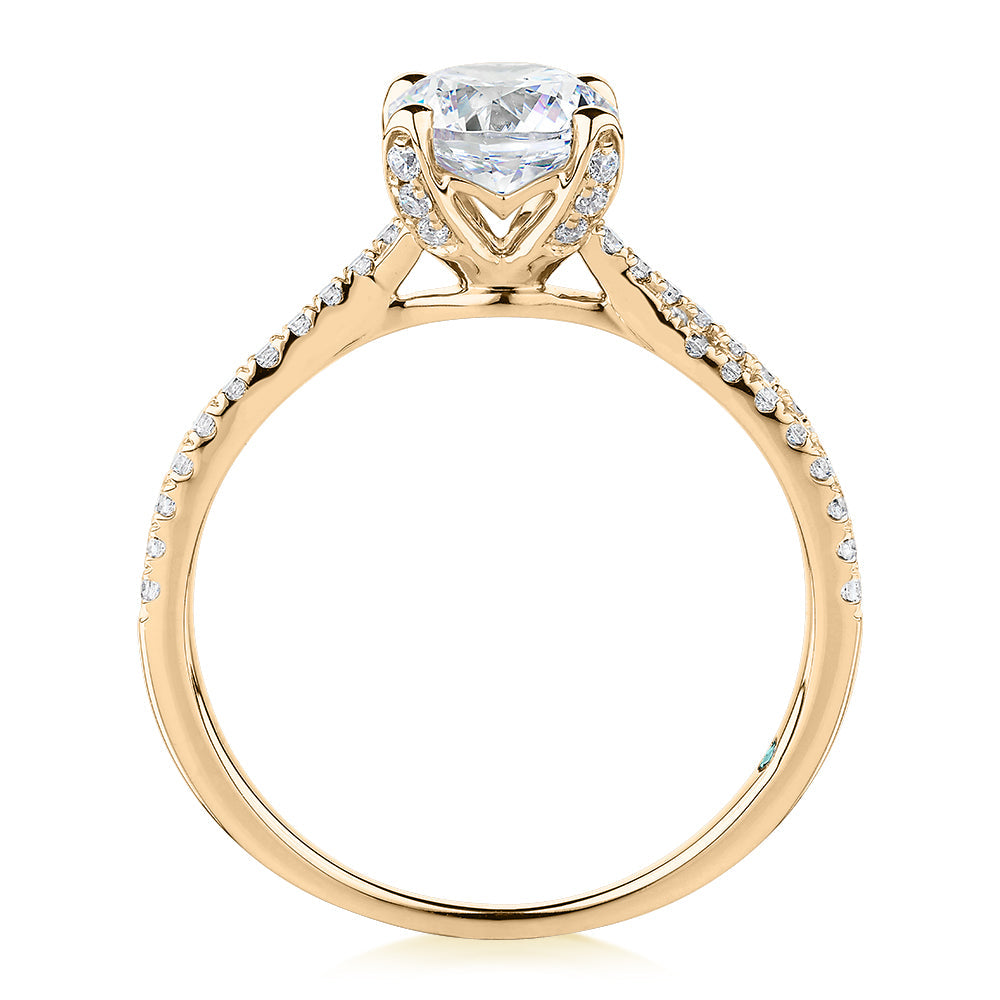 Premium Certified Lab-Grown Diamond, 1.40 carat TW round brilliant shouldered engagement ring in 14 carat yellow gold