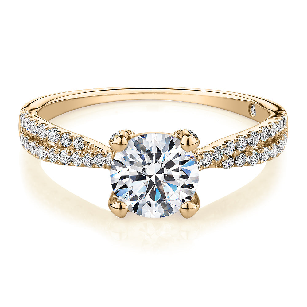 Signature Simulant Diamond 1.40 carat* TW round brilliant shouldered solitaire engagement ring in 10 carat rose and white gold