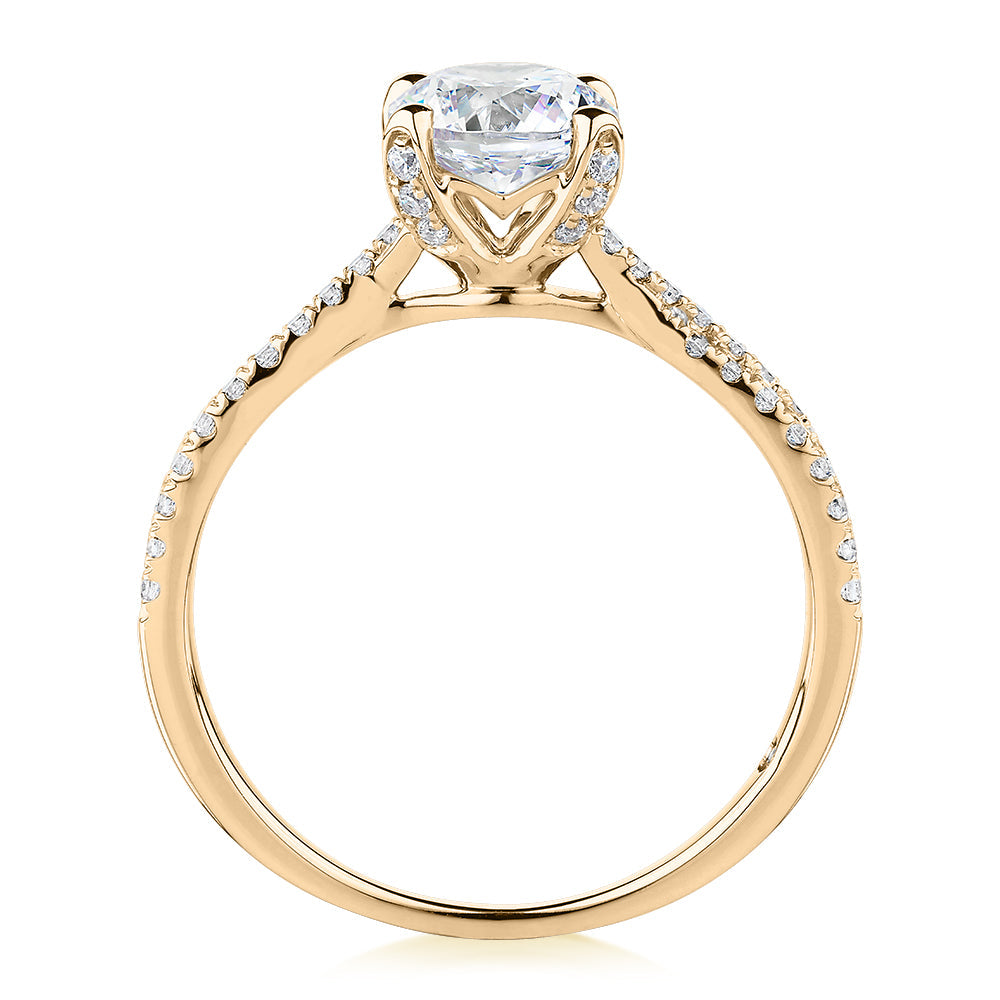 Signature Simulant Diamond 1.40 carat* TW round brilliant shouldered solitaire engagement ring in 10 carat rose and white gold