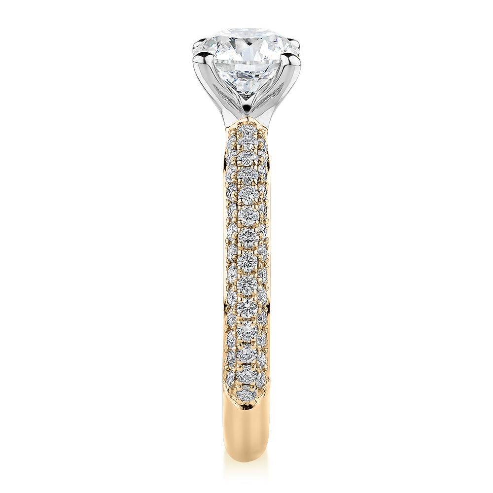 Premium Certified Lab-Grown Diamond, 1.55 carat TW round brilliant shouldered engagement ring in 14 carat yellow and white gold