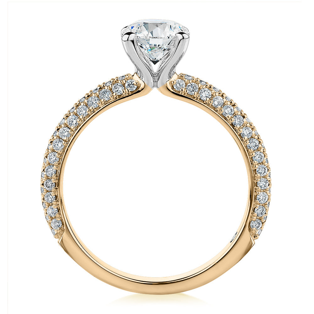 Signature Simulant Diamond 1.55 carat* TW round brilliant shouldered solitaire engagement ring in 10 carat yellow and white gold