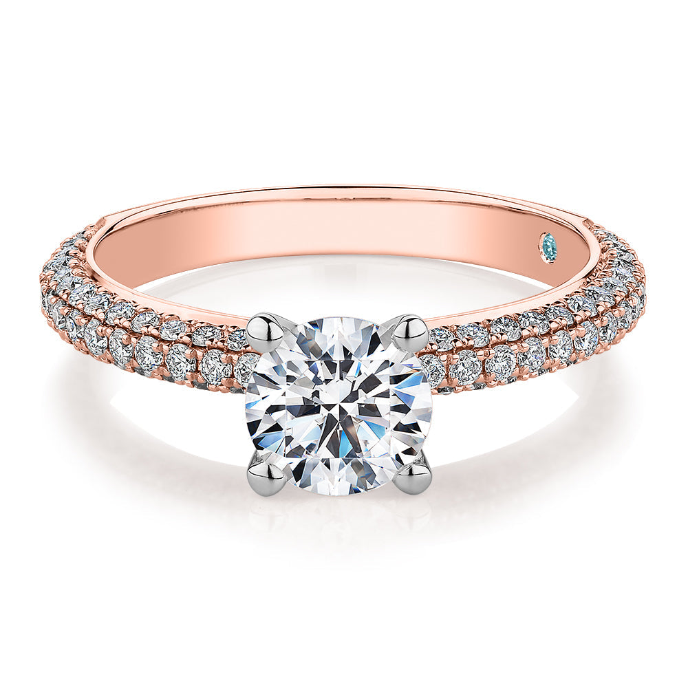 Premium Certified Lab-Grown Diamond, 1.55 carat TW round brilliant shouldered engagement ring in 14 carat rose and white gold