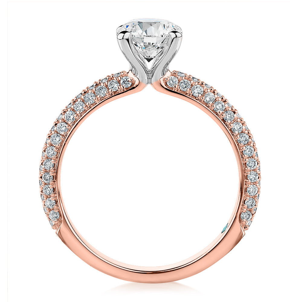Premium Certified Lab-Grown Diamond, 1.55 carat TW round brilliant shouldered engagement ring in 14 carat rose and white gold