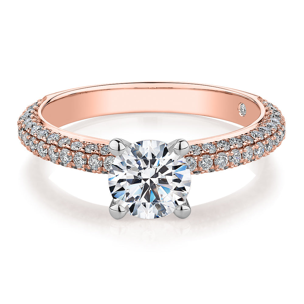 Signature Simulant Diamond 1.55 carat* TW round brilliant shouldered solitaire engagement ring in 10 carat rose and white gold