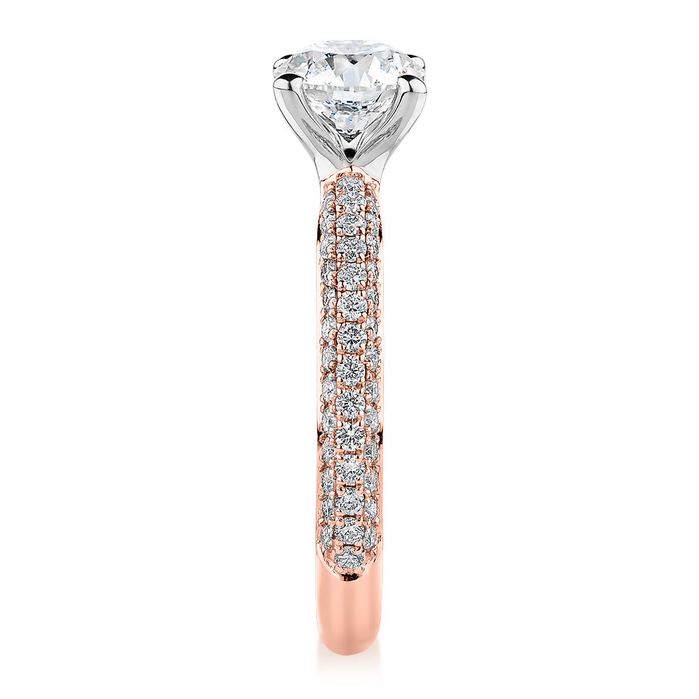 Signature Simulant Diamond 1.55 carat* TW round brilliant shouldered solitaire engagement ring in 10 carat rose and white gold