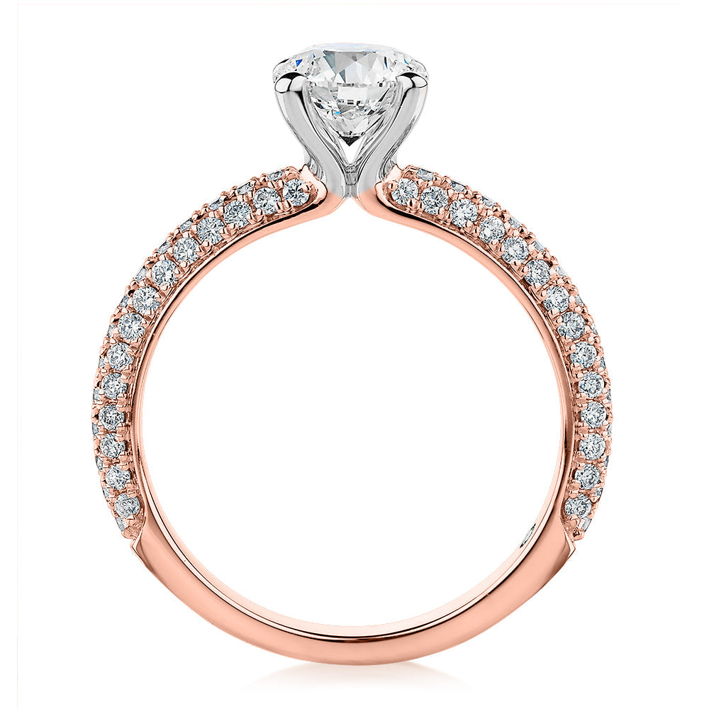 Signature Simulant Diamond 1.55 carat* TW round brilliant shouldered solitaire engagement ring in 10 carat rose and white gold