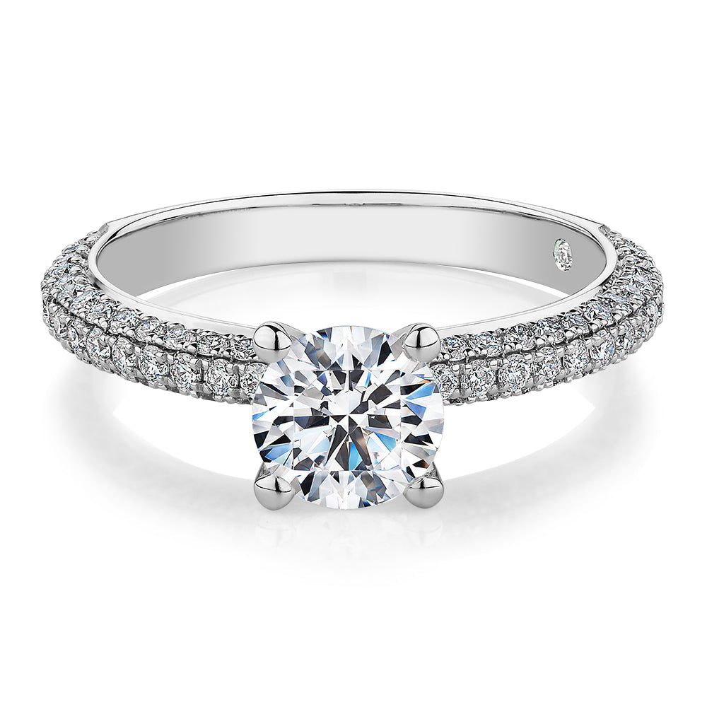 Signature Simulant Diamond 1.55 carat* TW round brilliant shouldered solitaire engagement ring in 10 carat rose and white gold