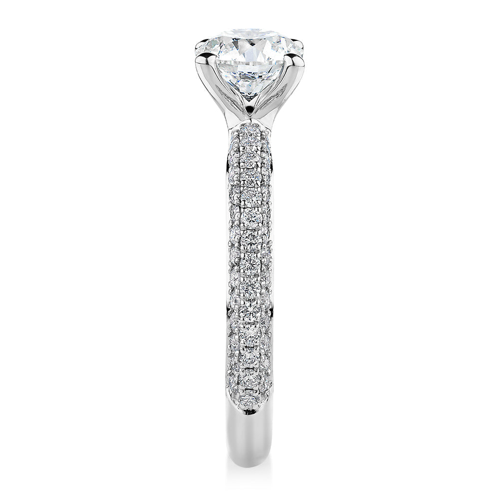 Signature Simulant Diamond 1.55 carat* TW round brilliant shouldered solitaire engagement ring in 10 carat rose and white gold