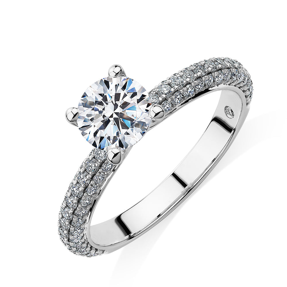 Signature Simulant Diamond 1.55 carat* TW round brilliant shouldered solitaire engagement ring in 10 carat rose and white gold