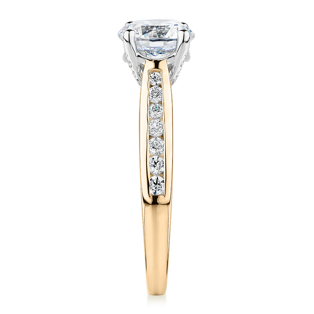 Signature Simulant Diamond 1.88 carat* TW round brilliant shouldered solitaire engagement ring in 10 carat yellow and white gold