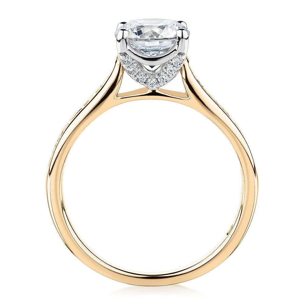 Signature Simulant Diamond 1.88 carat* TW round brilliant shouldered solitaire engagement ring in 10 carat yellow and white gold