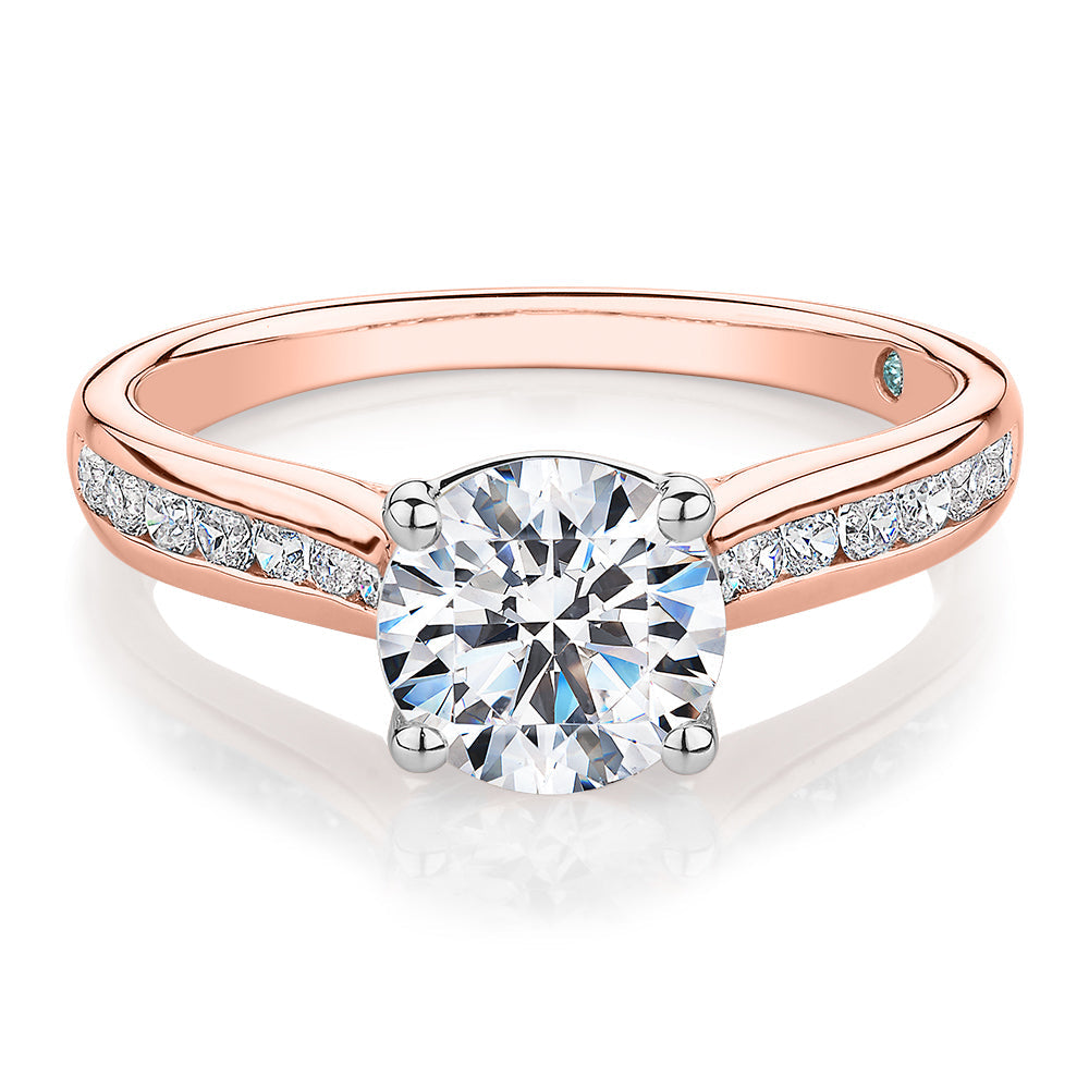 Premium Certified Lab-Grown Diamond, 1.88 carat TW round brilliant shouldered engagement ring in 14 carat rose and white gold