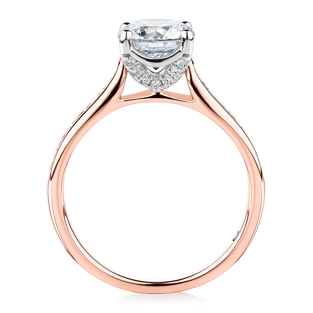 Premium Certified Lab-Grown Diamond, 1.88 carat TW round brilliant shouldered engagement ring in 14 carat rose and white gold