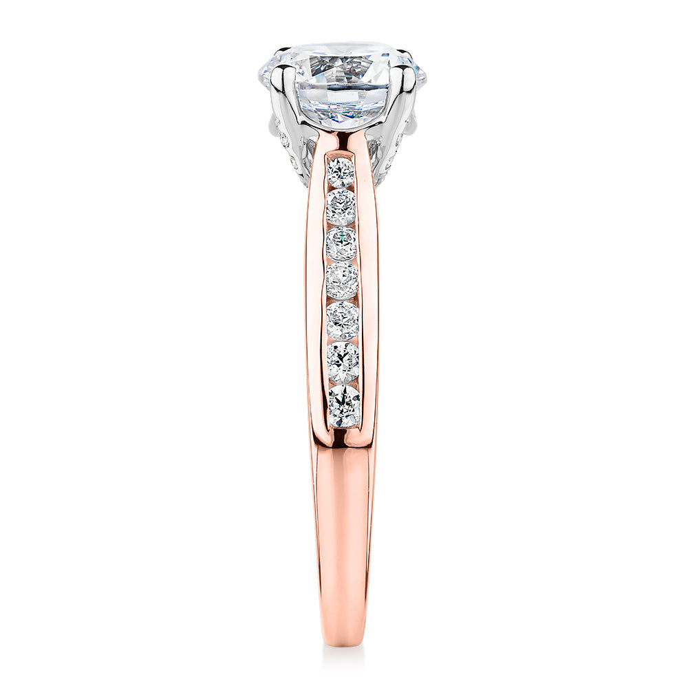 Signature Simulant Diamond 1.88 carat* TW round brilliant shouldered solitaire engagement ring in 10 carat rose and white gold