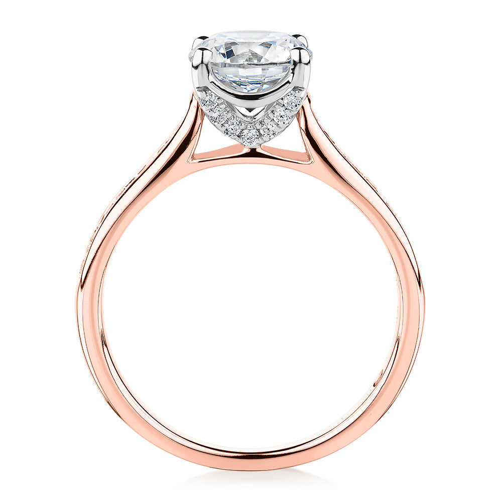 Signature Simulant Diamond 1.88 carat* TW round brilliant shouldered solitaire engagement ring in 10 carat rose and white gold