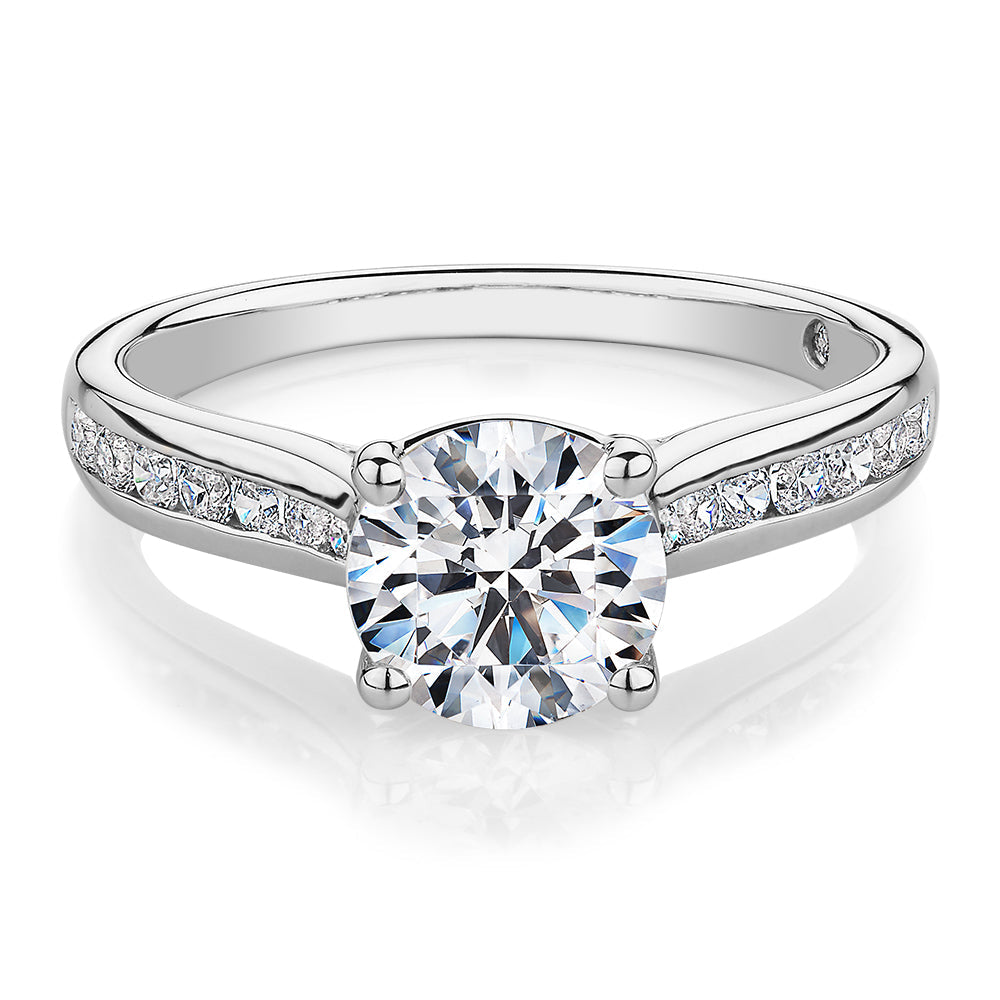 Signature Simulant Diamond 1.88 carat* TW round brilliant shouldered solitaire engagement ring in 10 carat white gold