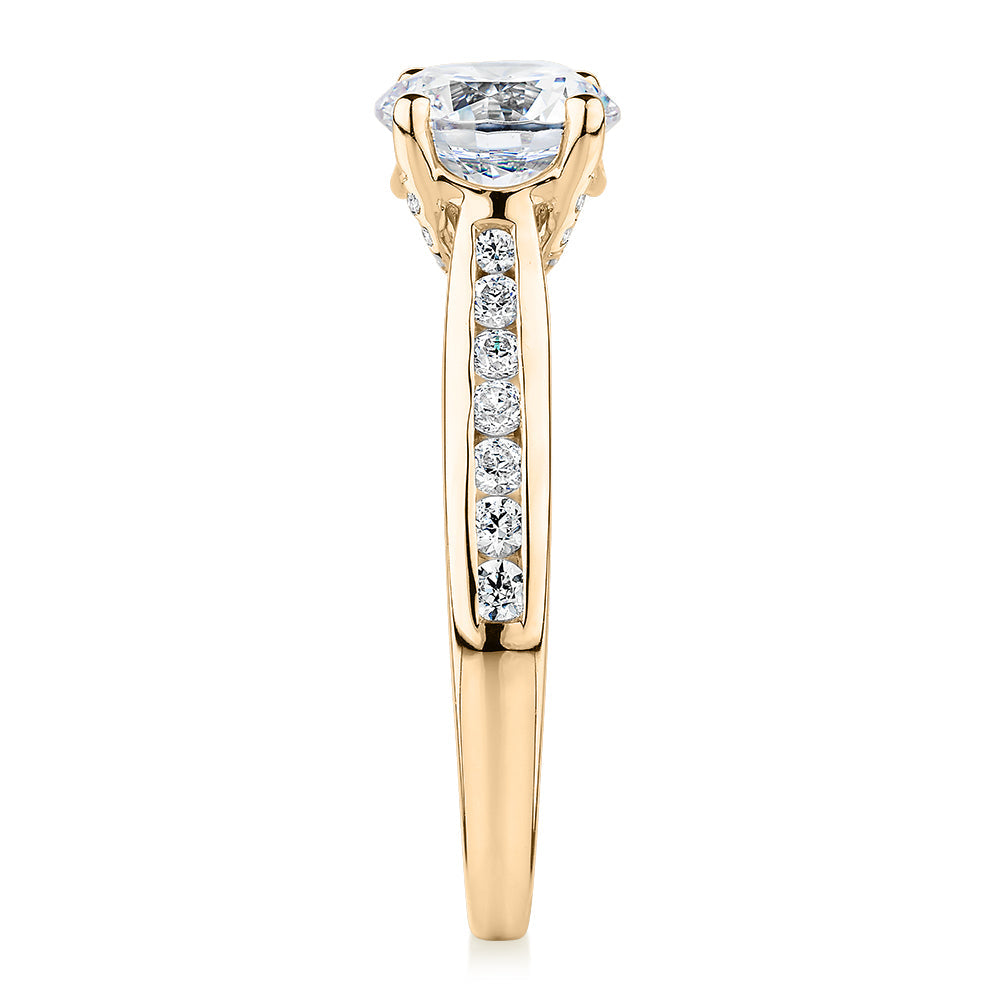 Signature Simulant Diamond 1.88 carat* TW round brilliant shouldered solitaire engagement ring in 10 carat yellow gold