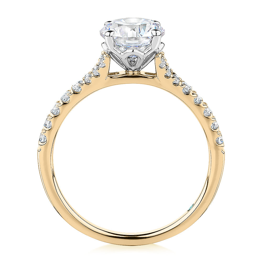 Premium Certified Lab-Grown Diamond, 1.81 carat TW round brilliant shouldered engagement ring in 14 carat yellow and white gold