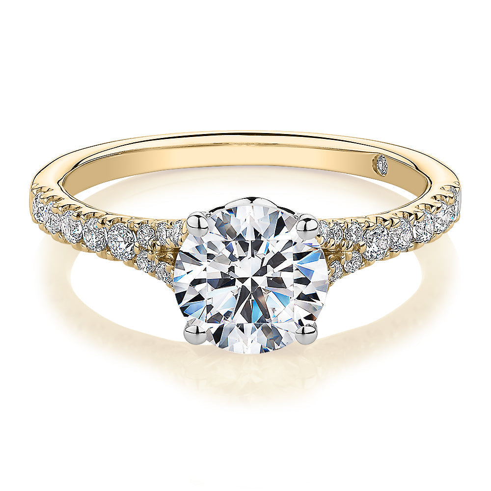 Signature Simulant Diamond 1.81 carat* TW round brilliant shouldered solitaire engagement ring in 10 carat yellow and white gold