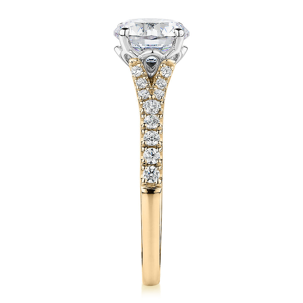 Signature Simulant Diamond 1.81 carat* TW round brilliant shouldered solitaire engagement ring in 10 carat yellow and white gold