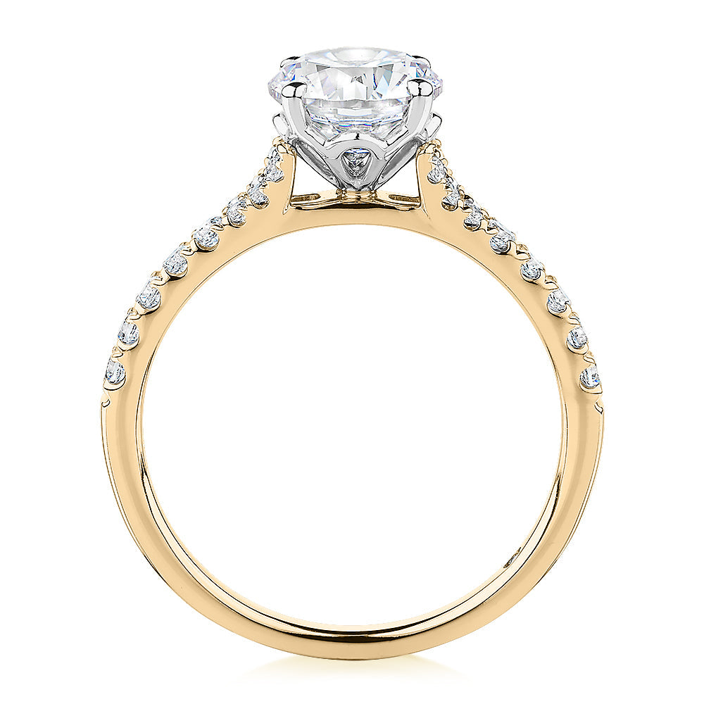 Signature Simulant Diamond 1.81 carat* TW round brilliant shouldered solitaire engagement ring in 10 carat yellow and white gold