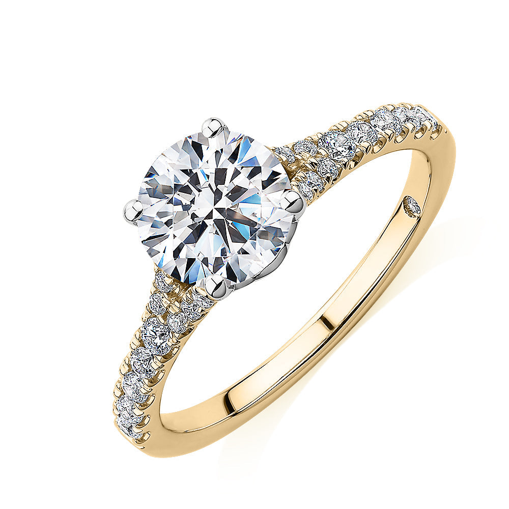 Signature Simulant Diamond 1.81 carat* TW round brilliant shouldered solitaire engagement ring in 10 carat yellow and white gold