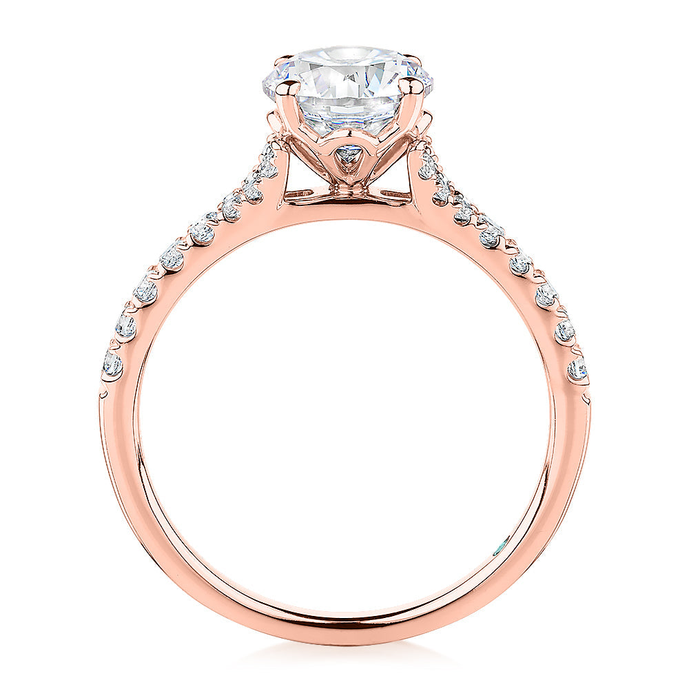 Premium Certified Lab-Grown Diamond, 1.81 carat TW round brilliant shouldered engagement ring in 14 carat rose gold
